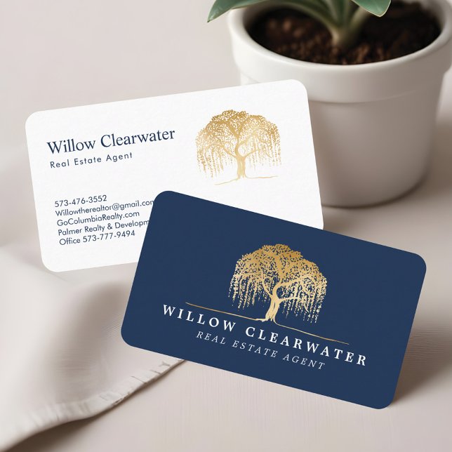 Carte De Visite Logo Rustic Modern Navy & Gold Willow Tree (Rustic Modern Navy & Gold Willow Tree Logo Business Card)