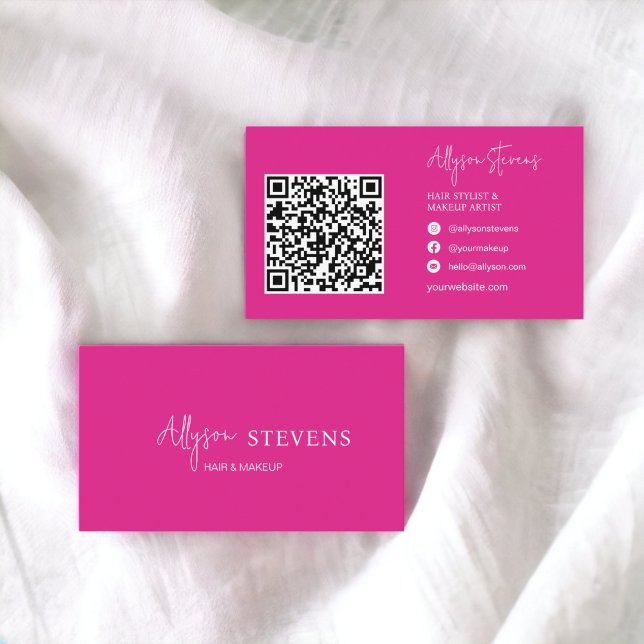 Carte De Visite Logo script blanc chaud cheveux maquillage qr code (Logo script white hot pink hair makeup qr code business card)