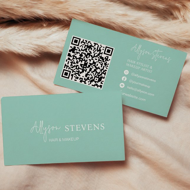Carte De Visite Logo script blanc turquoise cheveux maquillage qr  (Logo script white turquoise hair makeup qr code business card)