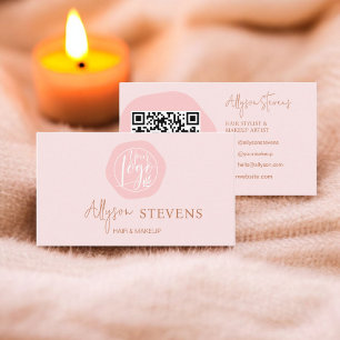 Carte De Visite Logo script boho rose cheveux maquillage qr code