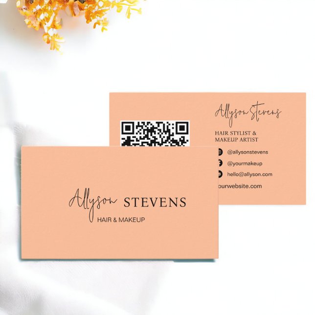 Carte De Visite Logo script chic peach maquillage cheveux qr code (Logo script chic peach hair makeup qr code business card)