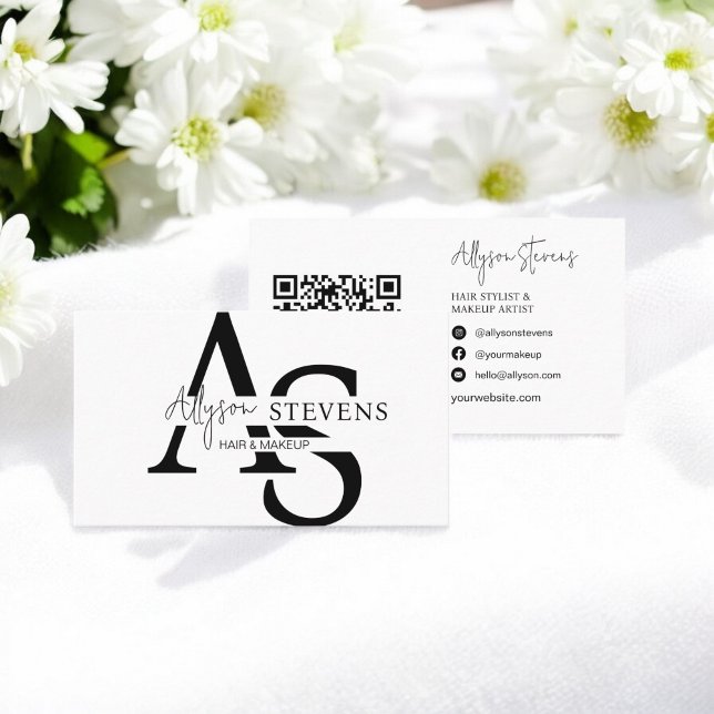 Carte De Visite Logo script initiales maquillage cheveux code qr (Logo script initials hair makeup qr code business card)