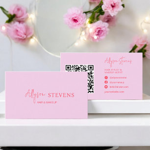 Carte De Visite Logo script rouge rose cheveux maquillage qr code