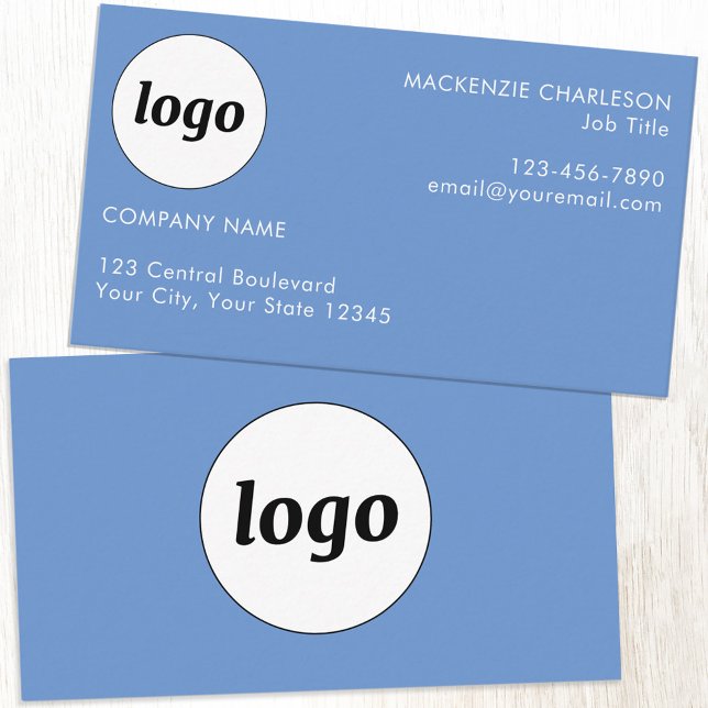 Carte De Visite Logo simple et bleu texte (Logo with text simple minimalist blue custom business card)
