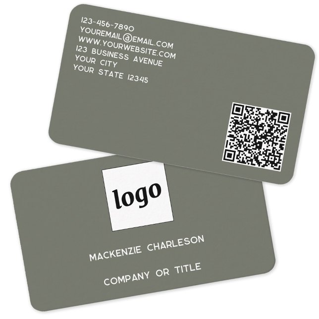 Carte De Visite Logo simple et code QR Sage Green (Logo QR code with custom text sage green minimalist modern business card)