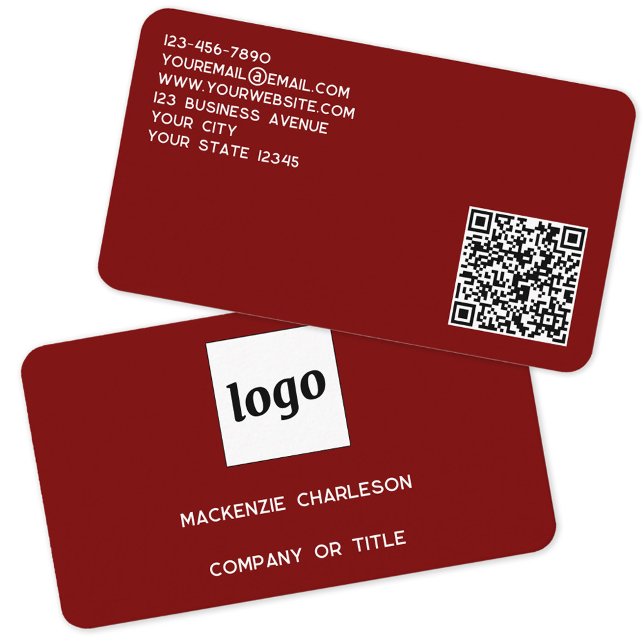 Carte De Visite Logo simple et QR Code Bourgogne Rouge (Simple logo QR code custom text professional branding promotional business card dark burgundy red)