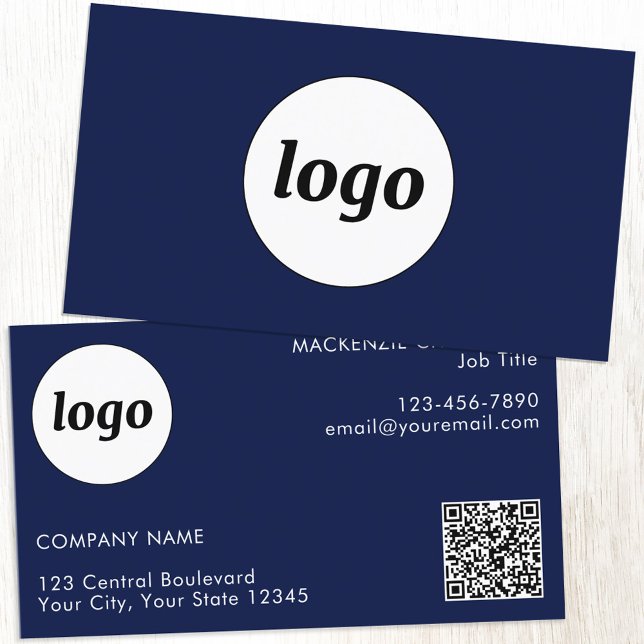 Carte De Visite Logo simple et texte QR Code bleu marine (Simple logo with custom text and QR code navy blue professional business card)