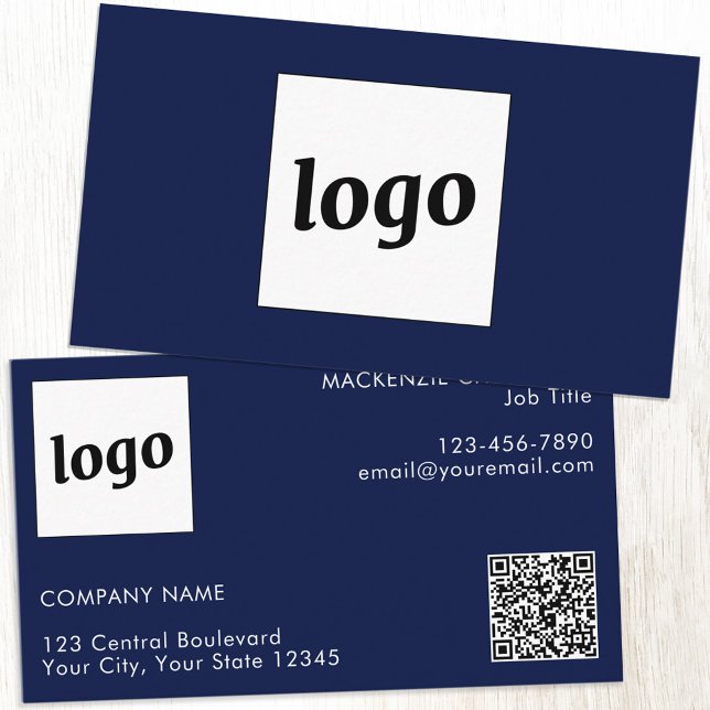 Carte De Visite Logo simple et texte QR Code bleu marine (Simple logo with custom text and QR code professional navy blue business card)