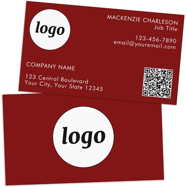 Carte De Visite Logo simple et texte QR Code Bourgogne Rouge (Simple logo QR code custom text professional branding business card dark burgundy red)