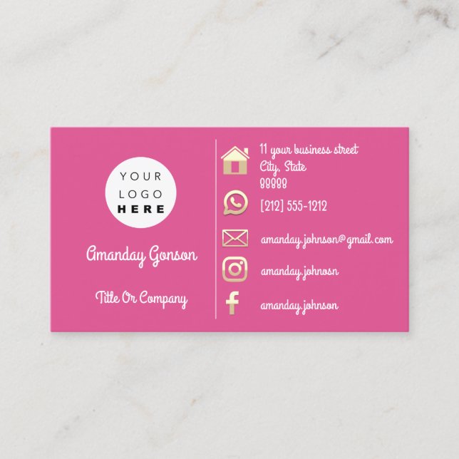 Carte De Visite Logo Social Media Gold QR Code Adresse rose (Devant)
