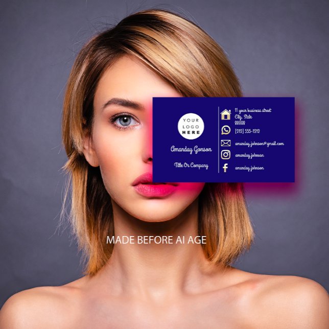 Carte De Visite Logo Social Media Gold QR Code Marine (Logo Social Media Gold QR Code Navy Business Card)