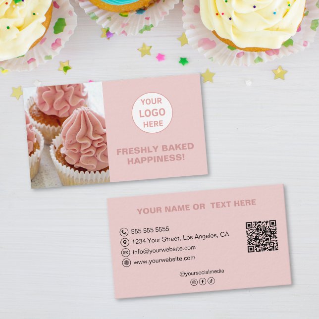 Carte De Visite Logo sur mesure Photo QR Pink Bakery (Custom Logo Photo QR Pink Bakery Business Card)