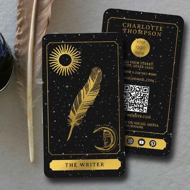 Carte De Visite Logo Tarot céleste Auteur de Black Gold (Celestial Tarot Logo Black Gold Writer Author Business Card)