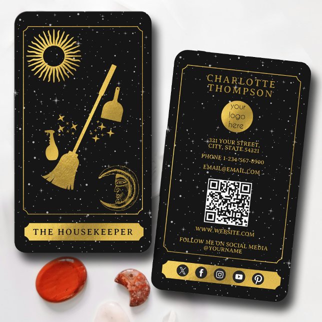 Carte De Visite Logo Tarot céleste Black Gold Cleaning Maid (Celestial Tarot Logo Black Gold Cleaning Maid Business Card)