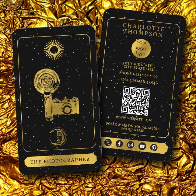 Carte De Visite Logo Tarot céleste Photographe en or noir (Celestial Tarot Logo Black Gold Photographer Business Card)
