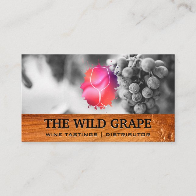 Carte De Visite Logo Verre Vin | Raisins de vin | Bois (Devant)