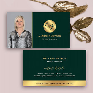 Carte De Visite Logo Vert & Or Élégant Immobilier Photo Notaire