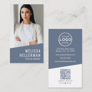 Carte De Visite Logo Vertical Code QR Photo Moderne Bleu