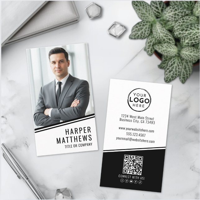 Carte De Visite Logo Vertical de la Société de Code QR de Photo Pr (Professional Photo QR Code Company Logo Vertical Business Card )