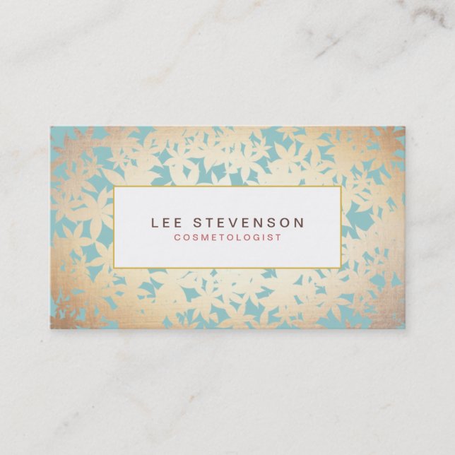 Carte De Visite Look Gold Foil et modèle floral Turquoise (Devant)