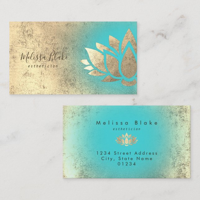 Carte De Visite lotus de feuille d'or faux sur dégradé turquoise (Devant / Derrière)