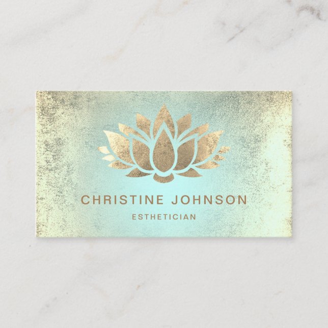 Carte De Visite lotus de feuille d'or faux sur dégradé turquoise (Devant)