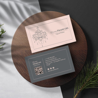 Carte De Visite Lotus Féminin boho Yoga Pilates Code QR Rose Pâle
