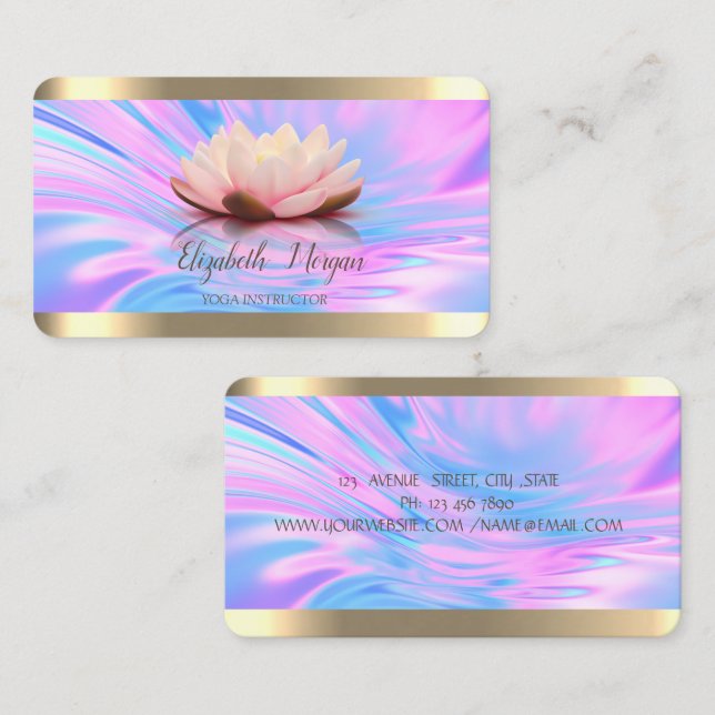 Carte De Visite Lotus Flower Gold Stripe Holographique Yoga (Devant / Derrière)