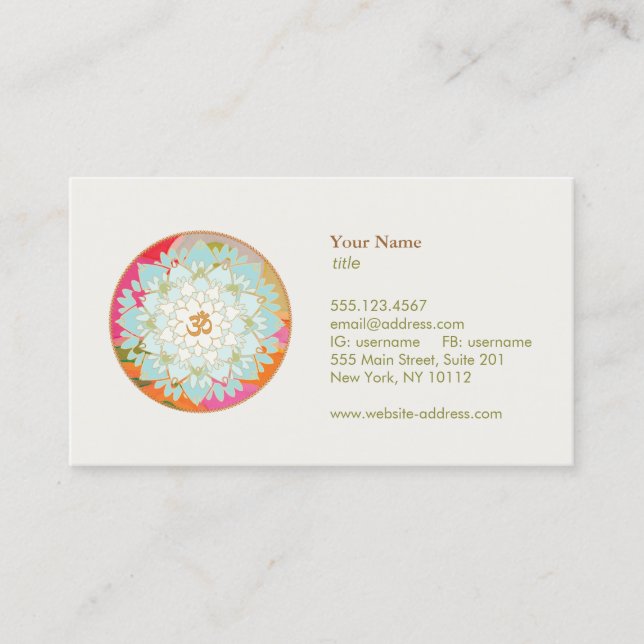 Carte De Visite Lotus Flower OM Symbole Yoga Méditation Professeur (Devant)