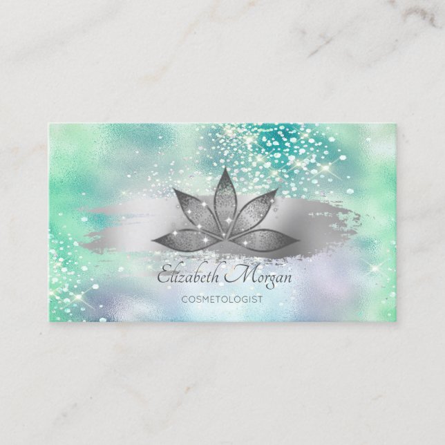 Carte De Visite Lotus Sparkle Brush Stroke Green Holographic (Devant)