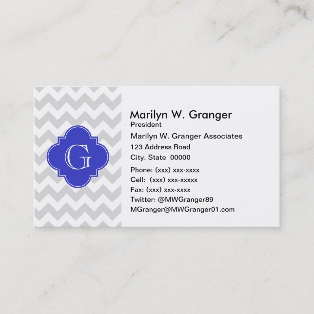 Carte De Visite Lt Grey What Chevron Cobalt Quatrefoil Monogramme (Devant)