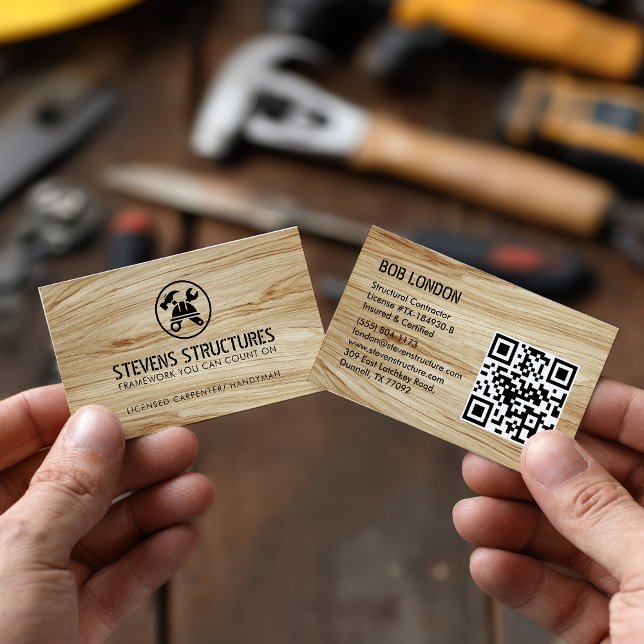Carte De Visite Lumière moderne Construction de bois QR Code Entre (Modern light Wood Construction QR Code Contractor Business Card)