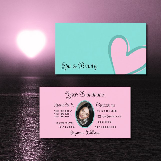 Carte De Visite Lumière Turquoise avec un magnifique coeur rose et (Créateur téléchargé)