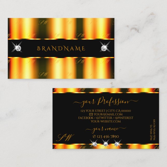 Carte De Visite Lumineuse orange noir brillant Diamants étincelant (Devant / Derrière)