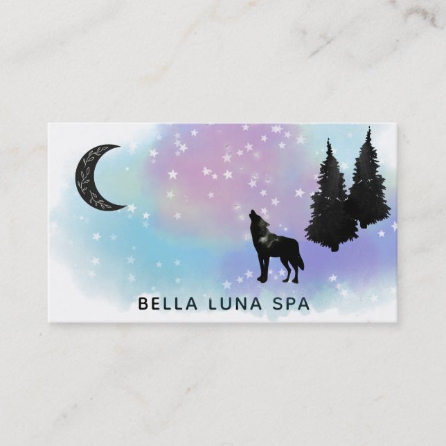 Carte De Visite *~* Lune cosmique Howling Wolf Rainbow Pine Trees (Devant)