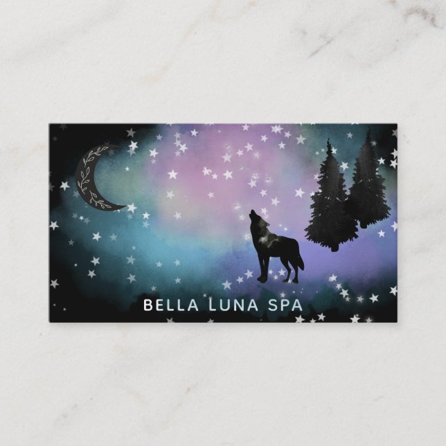 Carte De Visite *~* Lune cosmique - Loup hurlant Arbres de pins ar (Devant)