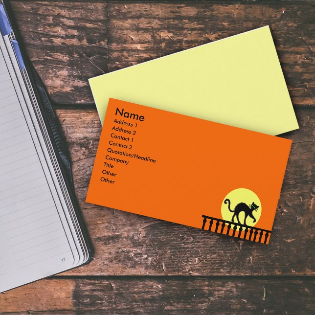 Carte De Visite Lune de clôture de chat noir (Black Cat on Fence with yellow full moon on vibrant orange business card.)