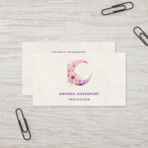 Carte De Visite Lune rose Croissant avec de jolies fleurs