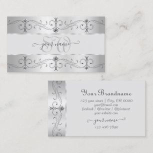 Carte De Visite Luxe Argent Gris Ornate Bordures Bijoux Monogramme
