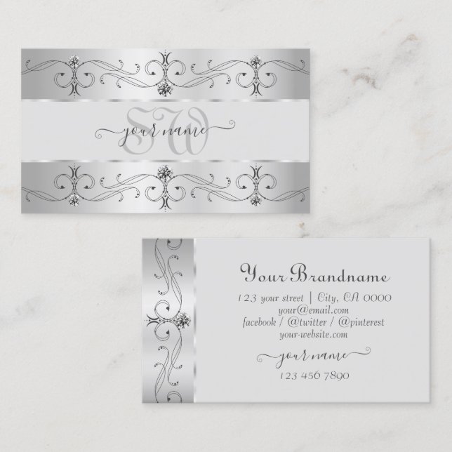 Carte De Visite Luxe Argent Gris Ornate Bordures Bijoux Monogramme (Devant / Derrière)