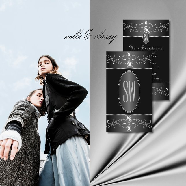 Carte De Visite Luxe Argent Noir Blanc Ornat Ornat Monogramme (Créateur téléchargé)