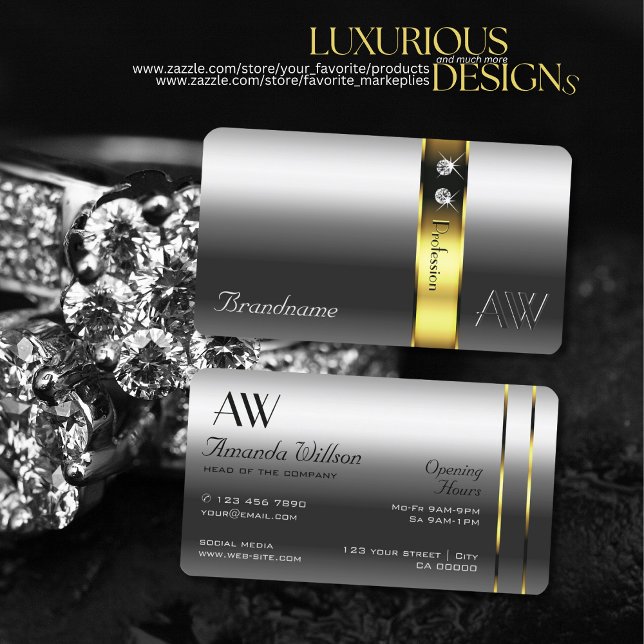 Carte De Visite Luxe Argent Or Décor Glamor Bijoux Initiales (Créateur téléchargé)