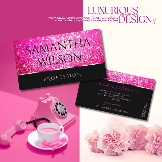 Carte De Visite Luxe Black Girly Parties scintillant rose Étoiles  (Créateur téléchargé)