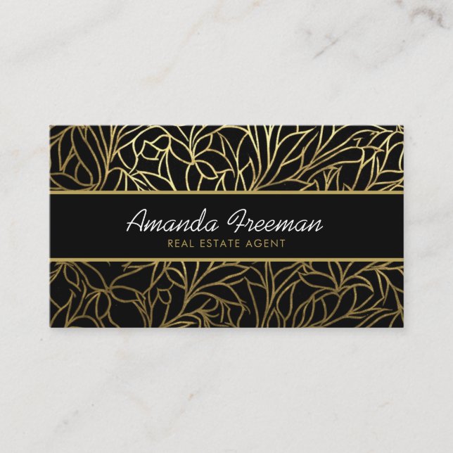 Carte De Visite Luxe Black & Gold Feuille Motif immobilier  (Devant)