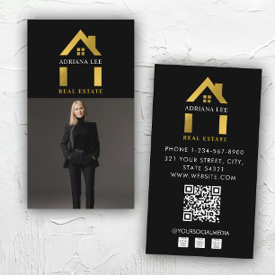Carte De Visite Luxe Black Gold Photo Agent immobilier QR Code