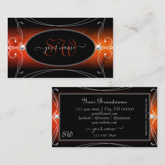 Carte De Visite Luxe Black Orange Ornate Bijoux étincelants Monogr (Devant / Derrière)