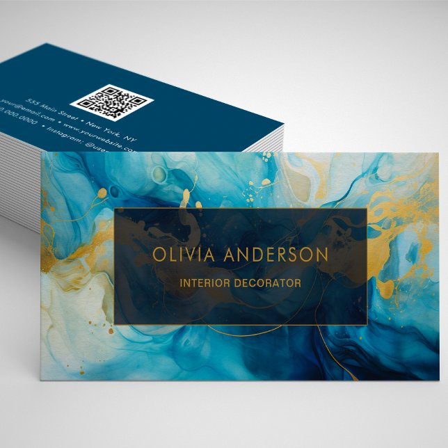 Carte De Visite Luxe Blue Gold QR Code Mode tendance moderne (Luxury Blue Gold QR Code Fashion Trendy Modern Business Card)
