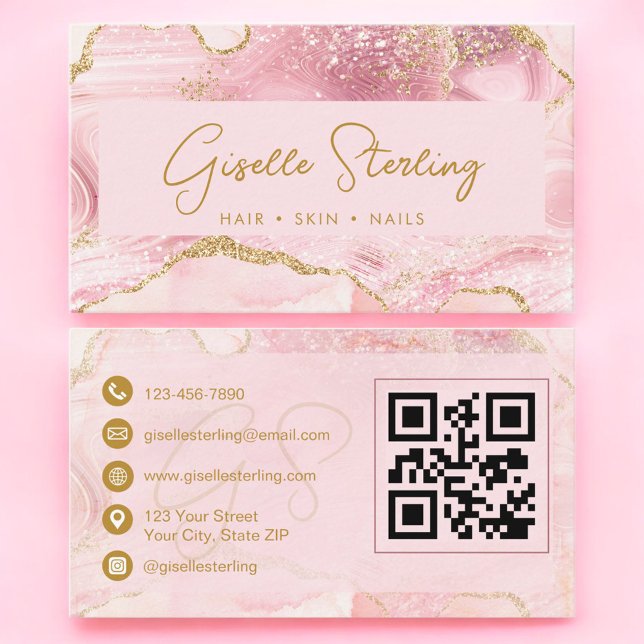 Carte de visite Luxe Code QR Marbre Agate Rose Gol (Créateur téléchargé)