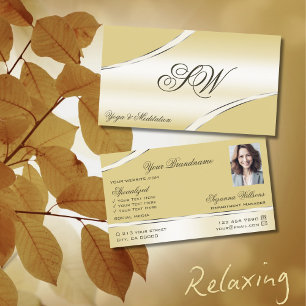 Carte De Visite Luxe Crème Beige Lignes courbes Monogramme et phot