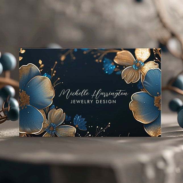 Carte De Visite Luxe Elegance Gold et Blue Floral Jewelry Design (Créateur téléchargé)